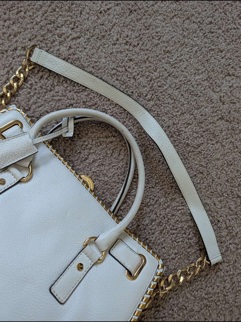 Michael Kors White Gold Hamilton Whipped Leather Satchel Handbag Purse
